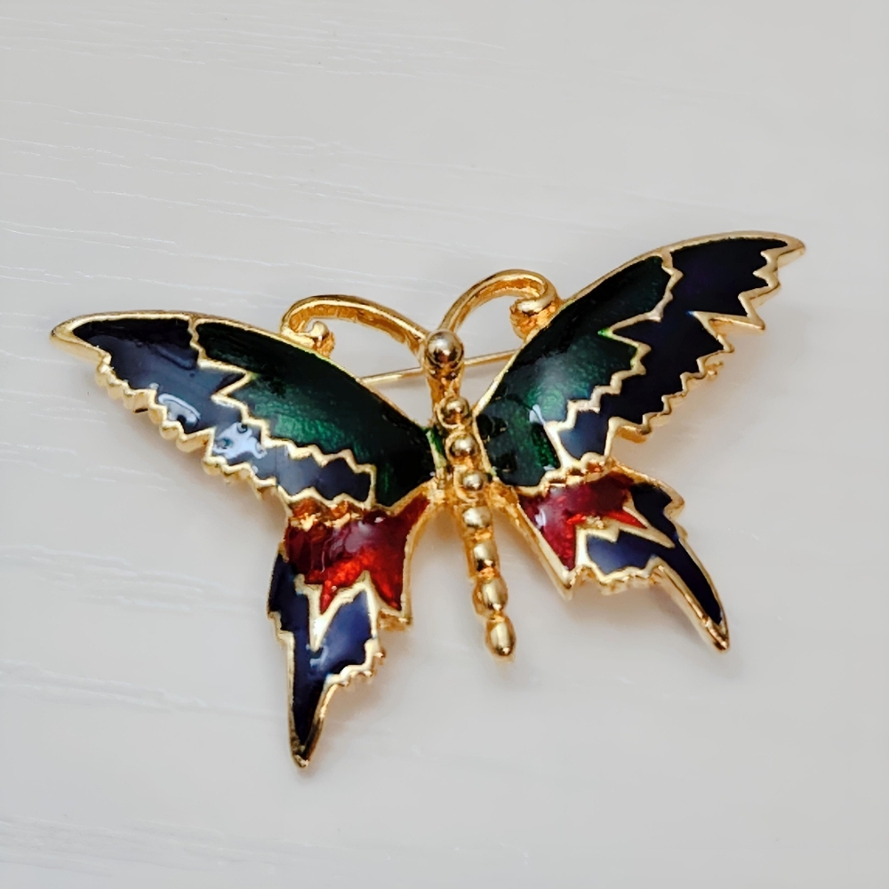 💎 2/$15 Gold tone Multi color Enamel Butterfly Brooch Pin Blue Green Red - Picture 3 of 7